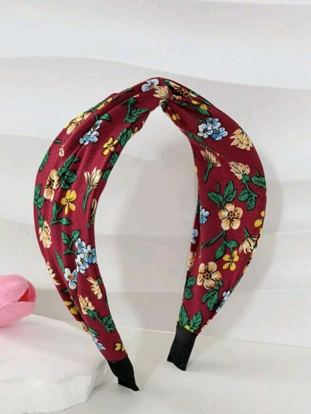 Floral Twist Wide Headband - Burgundy